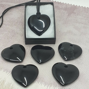 Black Agate Heart Pendant: 40mm with Black Cord