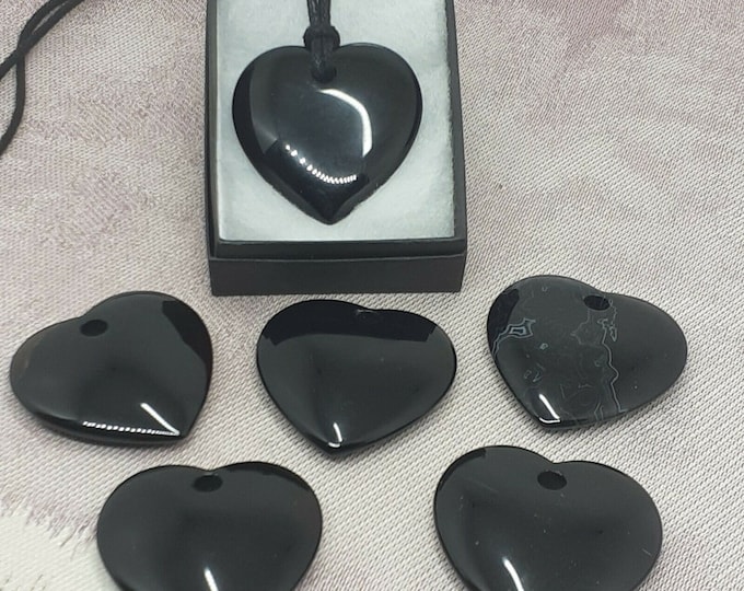 Black Agate Heart Pendant- 40 mm - Black Cord- Gift Box- Gift Yourself- Friend- Family -Loved One