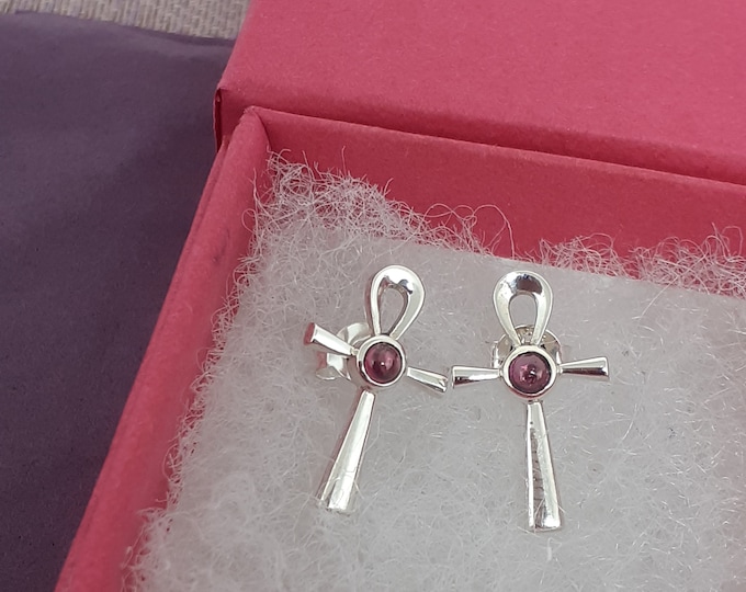 Garnet Ankh Stud Sterling 925 Silver Stud Earrings  "Goddess Collection" Lovely Gift Yourself Friends Family-Loved One