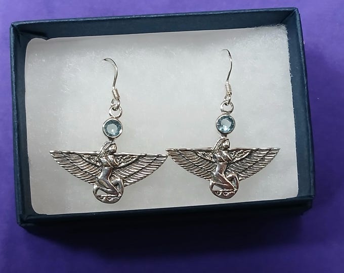 Winged Isis-Earrings -Sterling Silver 925 - The "Goddess Collection" -Blue Topaz CZ-Gift- Yourself- Friends- Family- Loved One