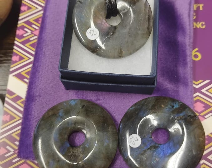 Labradorite-Donut -40 mm-  Black Cord- NEW- Gift Box