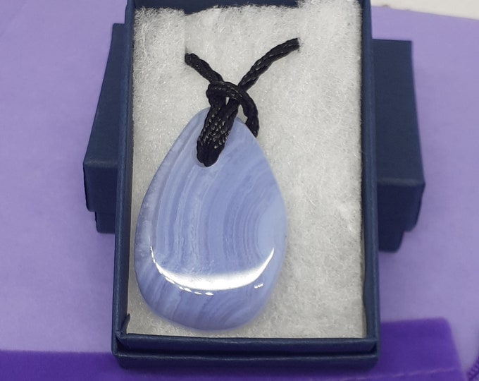 Blue Lace Agate-Tumbled-Pendant- Black Cord - Gift-Yourself- Friends-Family-Loved One-Gift Box
