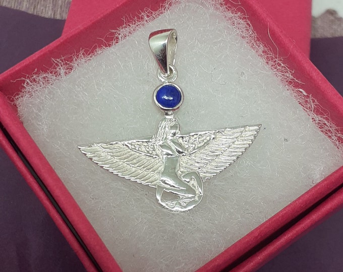 Lapis Lazuli Pendant - 925 Sterling Silver Isis The "Goddess Collection" Winged Isis - 25 mm - Positive magic-Inner power- Gift Box