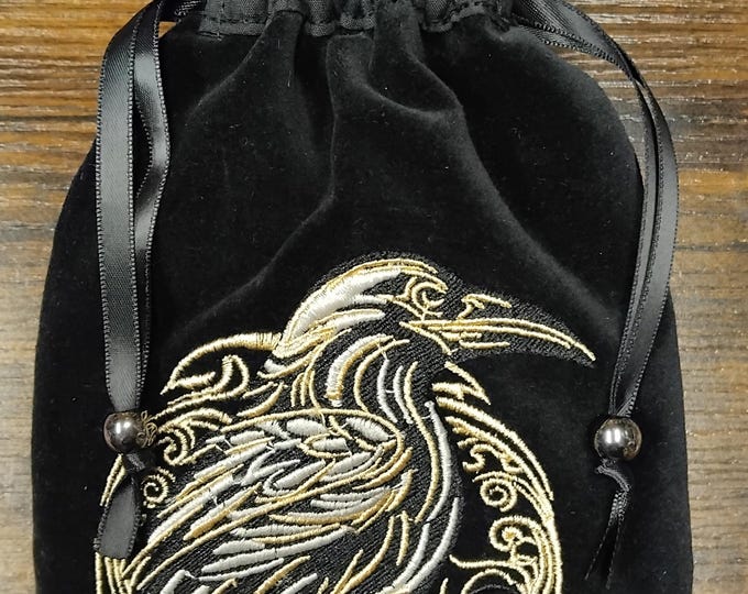 Handmade Velvet Tarot Card Pouch: Raven Embroidery
