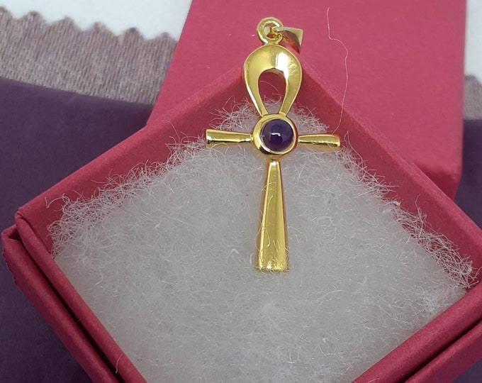 Pendant-Sterling Silver 925 + 18 k Gold Plated- Pendant The "Goddess Collection" Egyptian Ankh Cross- 30 mm -Amethyst