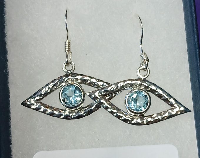 Earrings- Sterling Silver 925 - Evil Eye -"Goddess Collection" Blue Topaz- 25 mm-Gift Box-Gift-Yourself-Friends-Family-Loved One