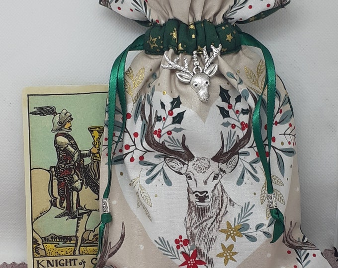 Deluxe Tarot cards pouch Bag, lined pouch, handmade Stag Charm-Tibetan Silver Beads- New Design