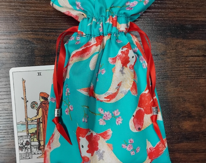 Handmade Koi Carp Tarot Card Pouch: Charm & Tibetan Beads