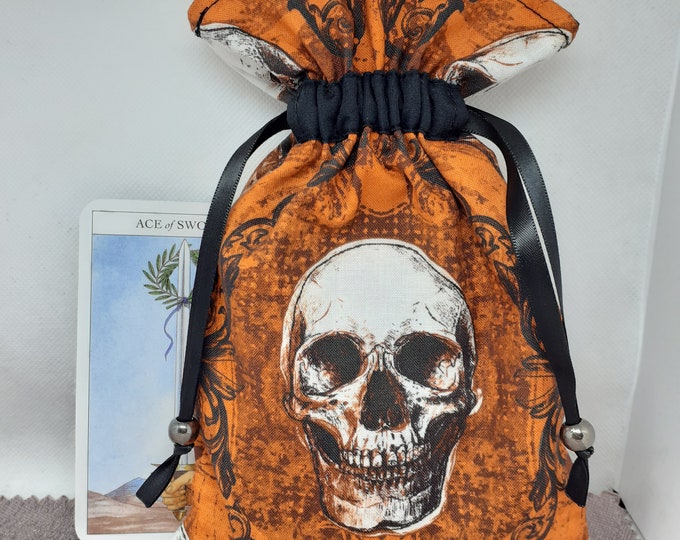 Deluxe Tarot cards pouch Bag, lined pouch, handmade -SKULL-Tibetan Silver Beads- New Design