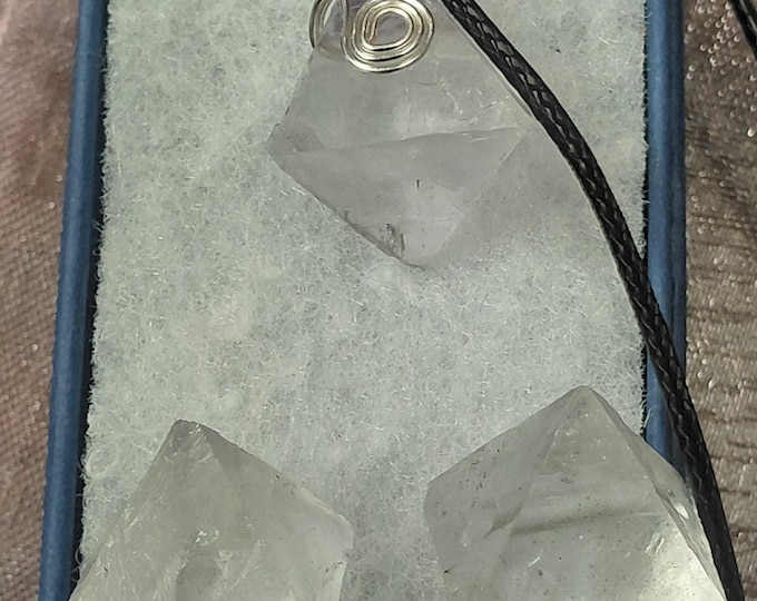 Octahedron fluorite-Pendant-Black Cord- Silver Wire Wrapped