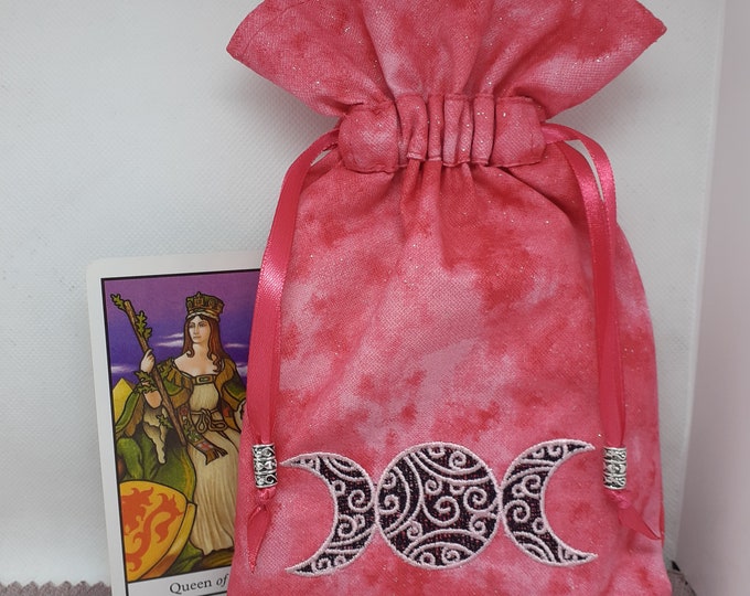 Deluxe Tarot cards pouch Bag, lined pouch, handmade -Embroidery- Triple Moon -Tibetan Silver Beads- New Design
