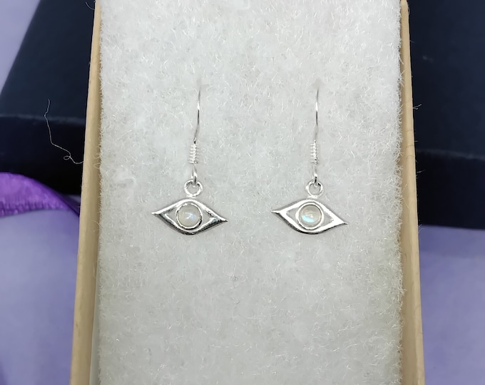 Sterling Silver Evil Eye Earrings with an Rainbow Moonstone Cabochon- Drop-Dangle-Earrings -Handmade-Silver 925 Hooks-Gift Box