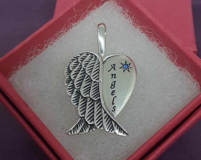 Sapphire CZ  "Angels "- Wings -Pendant Sterling Silver 925  "Goddess Collection"- Lovely Gift- Yourself- Friends Family Loved One