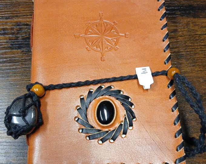 Leather-Black Onyx-Notebook-Journal- 7" x 5"-Wrapped with Crystal Hematite Gemstone-New- Gift-Yourself-Friends-Family-Loved One