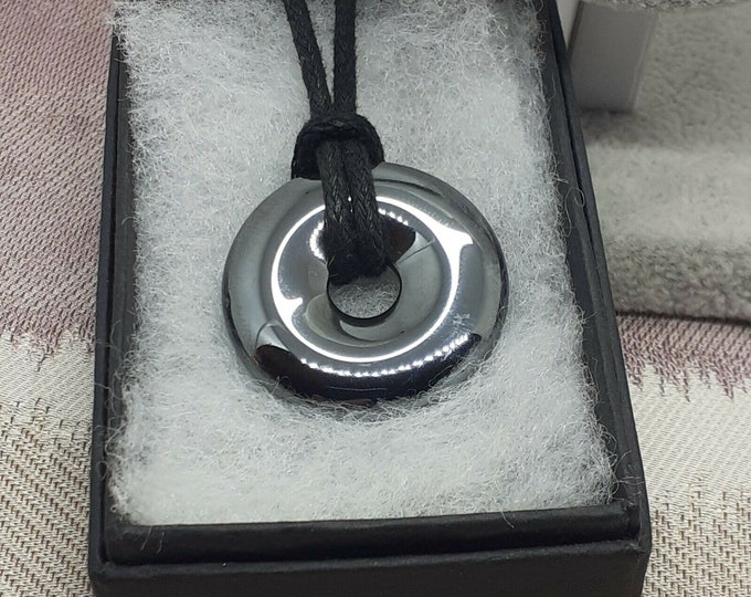 Haematite- Round Donut - Black Cord- 30 mm - A "stone for the mind"- Perfect gift for yourself- a friend or a Loved one
