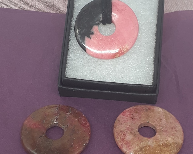 Rhodonite-Peru-Donut-  30 mm -Black Cord-Creativity-stone of prosperity- NEW- Gift Box