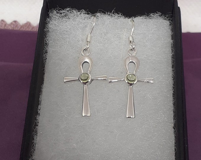Peridot Ankh Drop Dangle Sterling 925 Silver  Earrings  "Goddess Collection" Lovely Gift Yourself Friends Family-Loved One