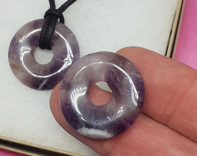 Amethyst- 30 mm Donut Pendant- Black Cord- Perfect gift for yourself- a friend or a Loved one