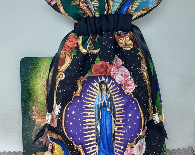 Deluxe Tarot - Oracle- cards pouch Bag,Our Lady of Guadalope-Mother Mary- lined pouch, handmade - Beads- New Design