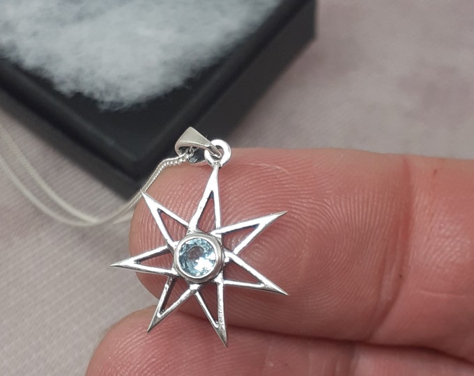Blue Topaz CZ Fairie 7 Pointed Star Pendant- Sterling Silver 925  "Goddess Collection"- Lovely Gift- Yourself- Friends- Family-Loved One