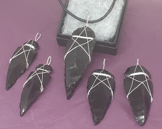 Black Obsidian Arrowhead Pendant-Silver Plated Jewellery Wire- Black Cord-Gift Box- Gift