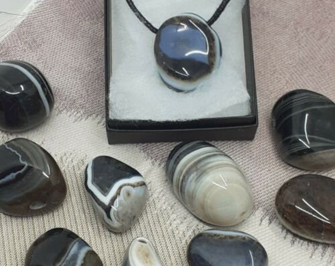 Tumbled Black Agate - Pendant- Black Cord - Gift-Yourself- Friends-Family-Loved One-Gift Box