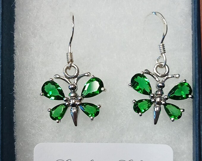 Butterfly-Earrings -Sterling Silver 925 - The "Goddess Collection" -Faceted Green CZ- 15 mm Gift- Yourself- Friends- Family- Loved One