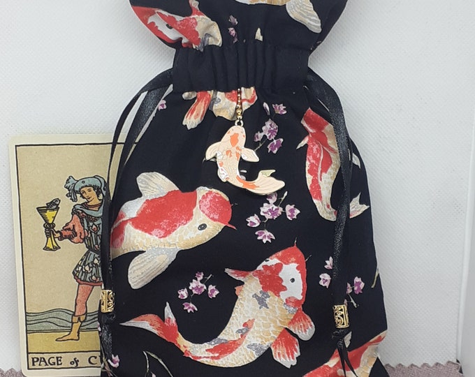 Deluxe Tarot - Oracle- cards pouch Bag, Koi Carp- lined pouch, handmade - Charm- Beads- New Design