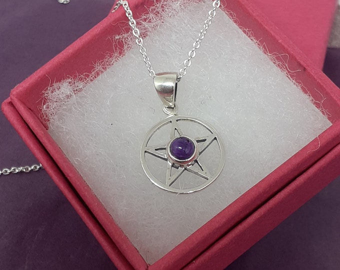 Amethyst -Pendant Sterling Silver 925 Small Pendant Pentagram "Goddess Collection"  14 mm- Gift Box