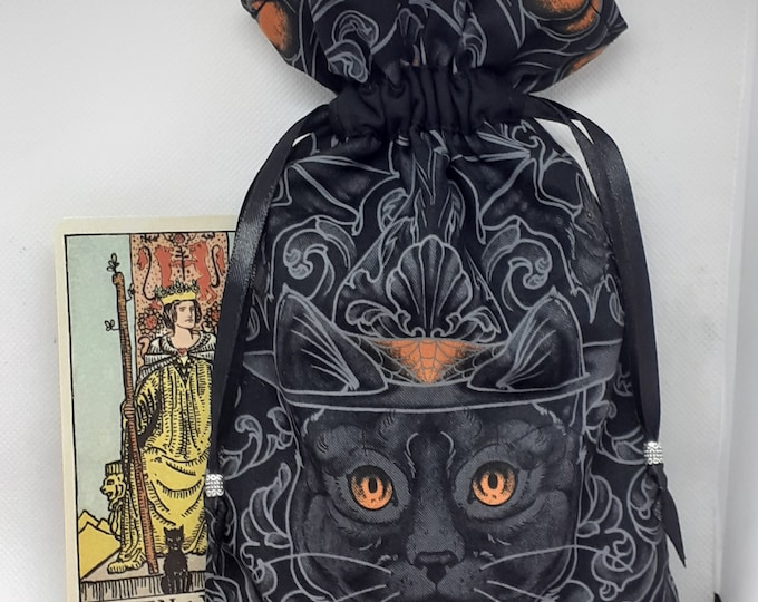 Deluxe Tarot cards pouch Bag, lined pouch, handmade -CAT- Tibetan Silver Beads- New Design