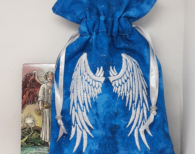 Deluxe Tarot cards pouch Bag, lined pouch, handmade -Embroidery- Angel Wings-Tibetan Silver Beads- New Design