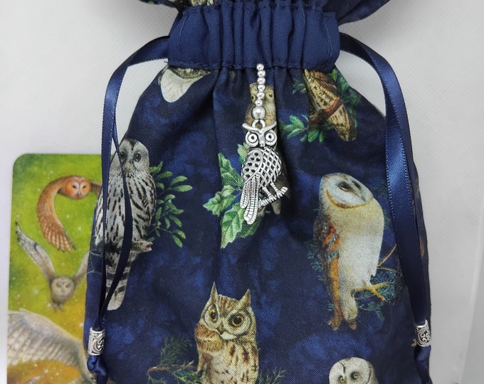 Deluxe Tarot cards pouch Bag, lined pouch, handmade-OWL- Charm-Tibetan Silver Beads- New Design
