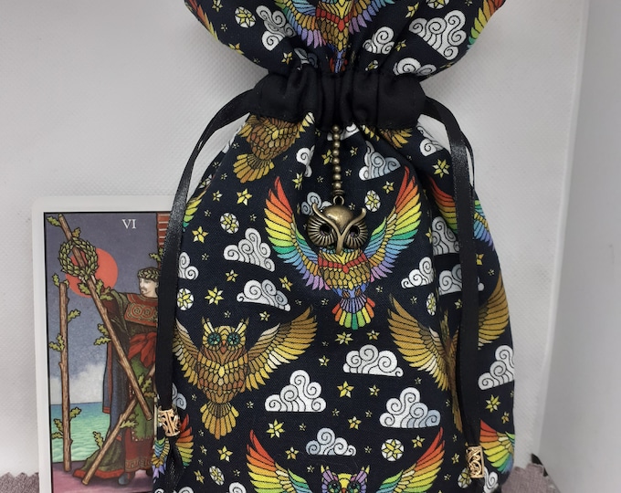 Deluxe Tarot cards pouch Bag, lined pouch, handmade -owl- Charm-Tibetan Silver Beads- New Design
