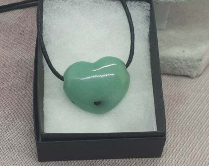 Green Aventurine Heart-Pendant- 30 mm x 25 mm Black Cord- Gift Box- Gift Yourself- Friend- Family -Loved One