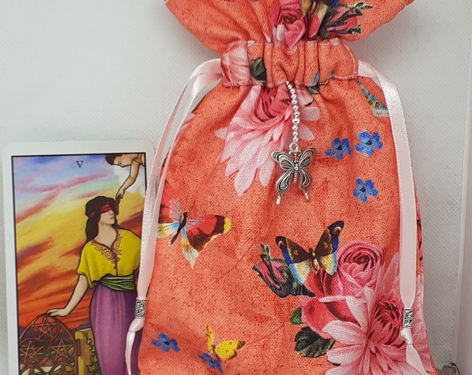Deluxe Tarot cards pouch Bag, lined pouch, handmade -Butterfly- Charm-Beads- New Design