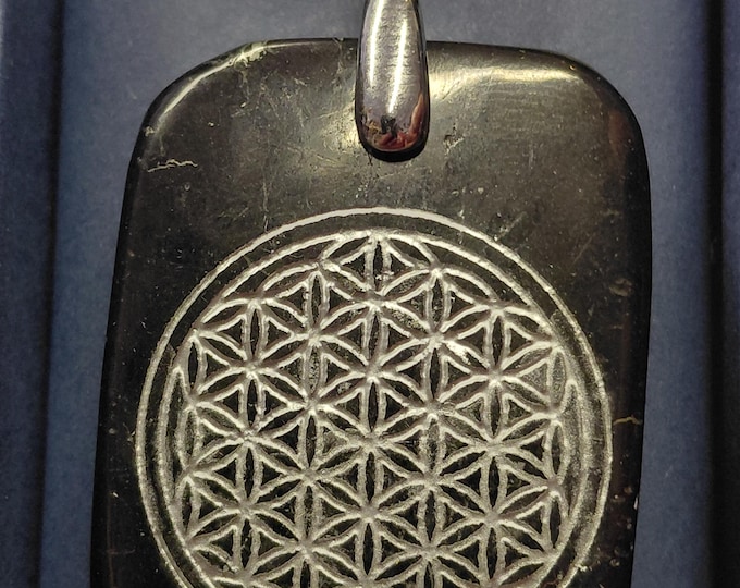 Shungite- Silver Flower of Life-Gemstone on Black Cord