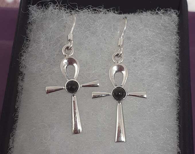 Black Obsidian Ankh Drop Dangle Sterling 925 Silver  Earrings  "Goddess Collection" Lovely Gift Yourself Friends Family-Loved One