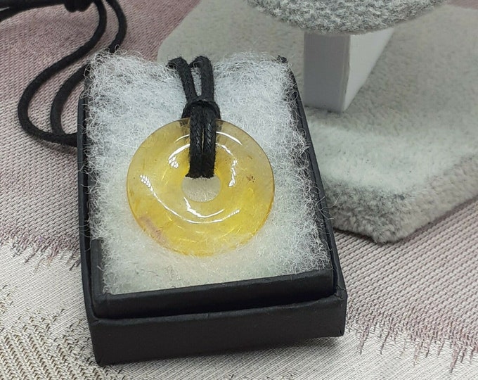 Yellow Fluorite Donut -25 mm Black Cord Aura cleansing -Protection-concentration-Gift for Yourself- Friend-Loved One-Gift Box