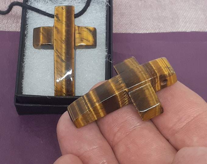 Cross Bevelled Tiger's Eye -Pendant- Black Cord- Gift-Yourself- Friends-Family- Loved One- Gift Box