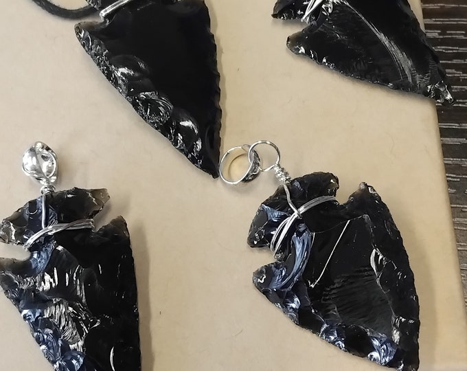 Black Obsidian Arrowhead Pendant-Silver Plated Jewellery Wire- Black Cord-Gift Box- Gift