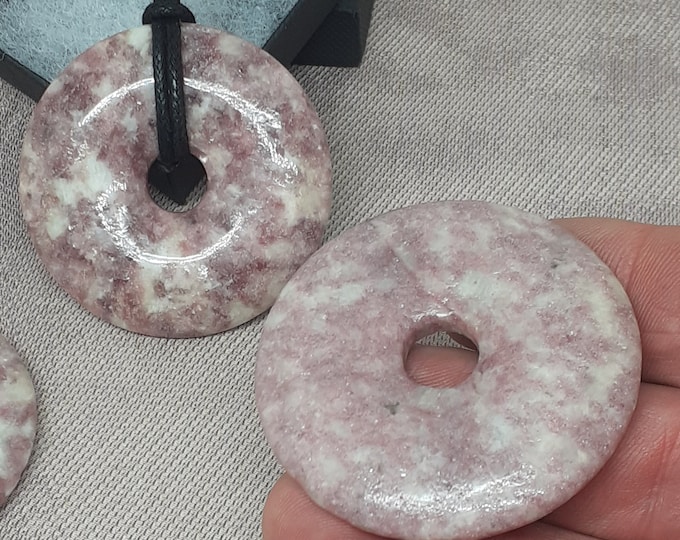 Lepidolite Donut 50 mm With Black Cotton Wax Cord stone of transition- Perfect Gift- Yourself-Loved One
