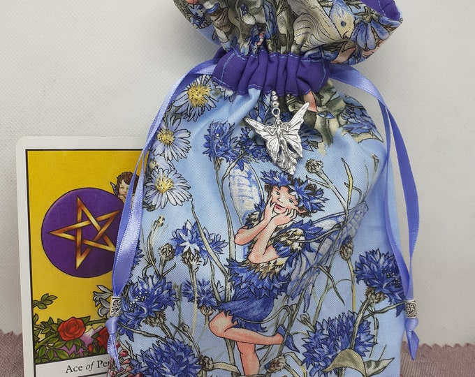 Deluxe Tarot - Oracle- cards pouch Bag, lined pouch, handmade -"Periwinkle Fairies"- Charm- Beads- New Design