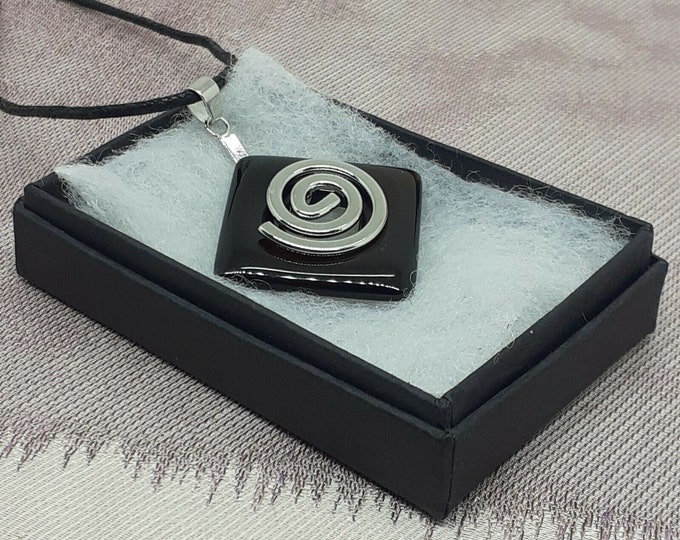 Black Agate- Donut Pendant- 28 mm -Silver Plated Donut Holder -Black Cord-Gift for Yourself- Friend-Loved One-Gift Box