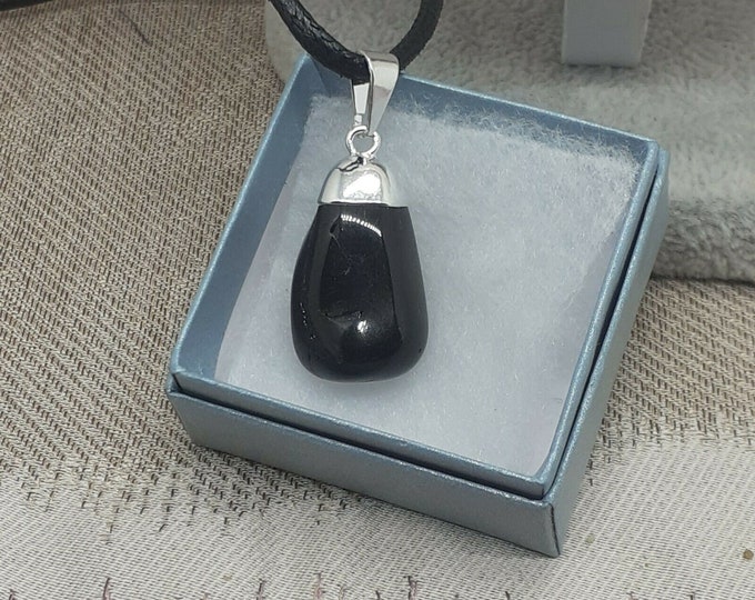Black Tourmaline Silver Plated Tumblestone-Pendant- Black Cord -blocks psychic attack -Gift-Yourself- Friends-Family-Loved One-Gift Box