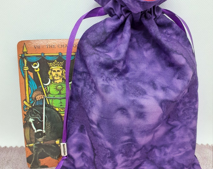 Tarot cards pouch Bag Red lined pouch, tarot bag, handmade -Purple Batik- Ribbon with Silver Beads