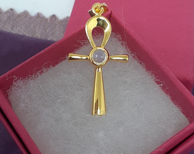 Pendant-Sterling Silver 925 + 18 k Gold Plated- Pendant The "Goddess Collection" Egyptian Ankh Cross- 30 mm -Rainbow Moonstone