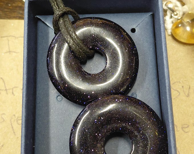 Blue Goldstone- Donut -30 mm- Black Cotton Wax Cord Pendant