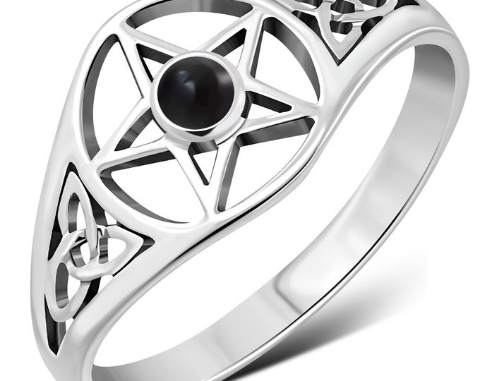 Ring Sterling Silver 925 - Celtic Trinity Knot- Black Obsidian- Pentacle - New "Goddess Collection"- Multiple Sizes Available- Gift Box