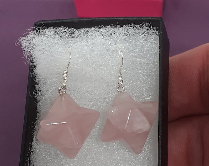 Rose Quartz- Merkaba- Drop-Dangle-Earrings -Handmade-Silver 925 Hooks-Gift Box