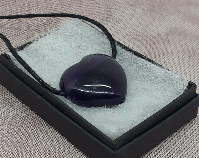 Amethyst - Heart Pendant- Black Cord-  3 cm x 2.5 cm- Courage-Gift-Yourself- Friends-Family-Loved One- Gift Box